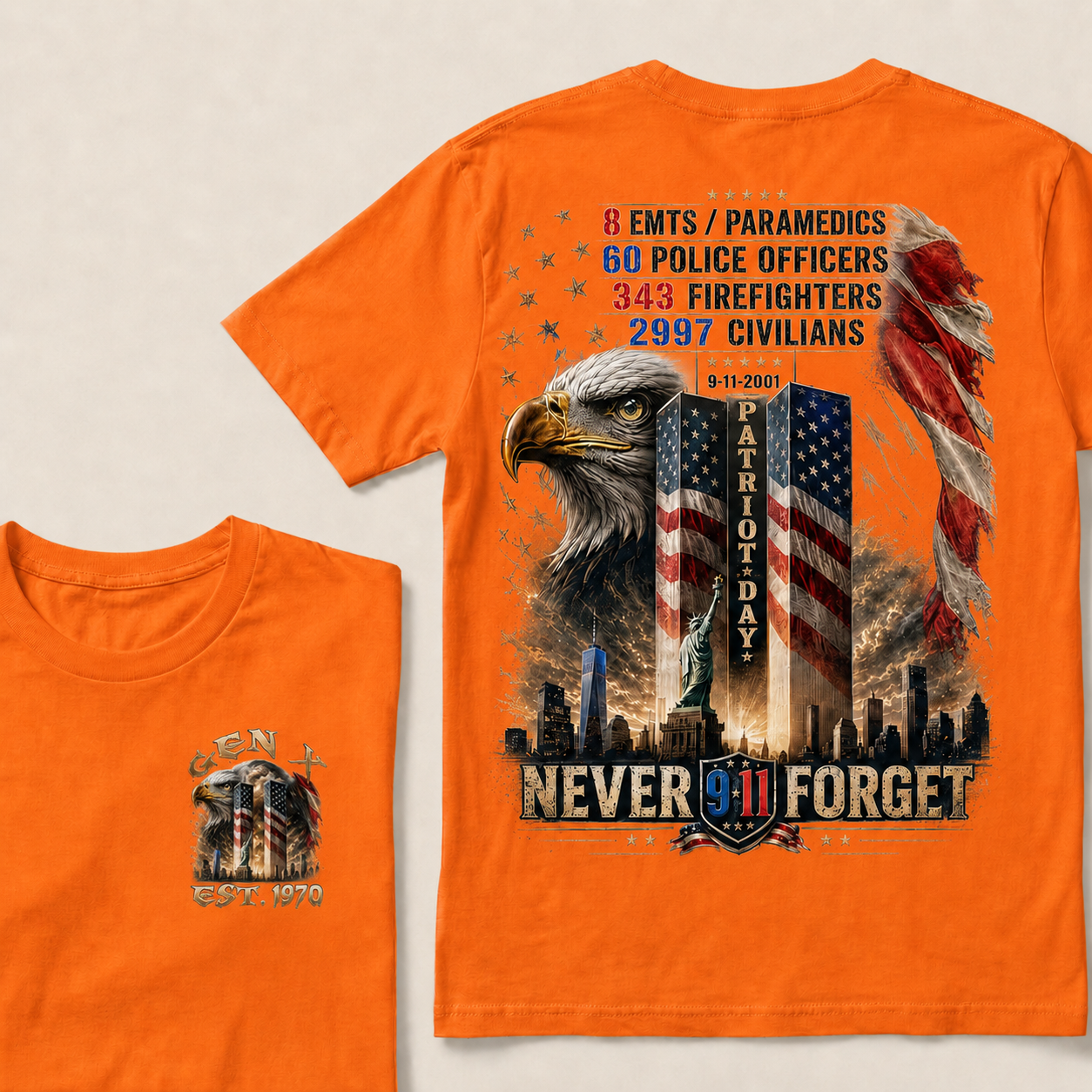 8 Emts/Paramedics 60 Police Officers 9-11-2001 Patriot Day Never Forget Custom Year T-Shirts