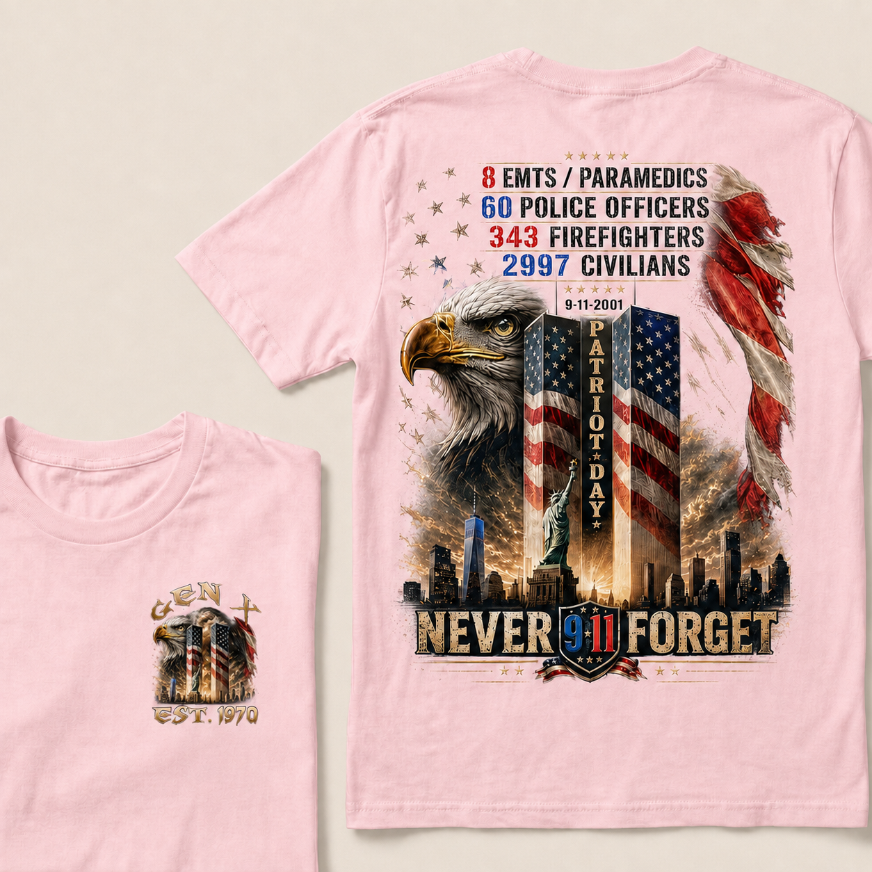 8 Emts/Paramedics 60 Police Officers 9-11-2001 Patriot Day Never Forget Custom Year T-Shirts