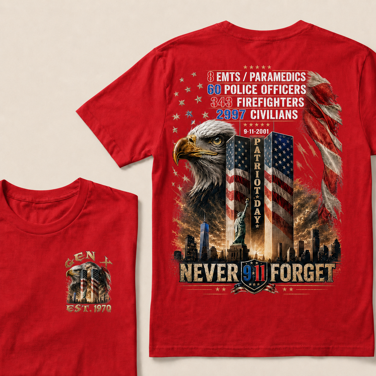 8 Emts/Paramedics 60 Police Officers 9-11-2001 Patriot Day Never Forget Custom Year T-Shirts
