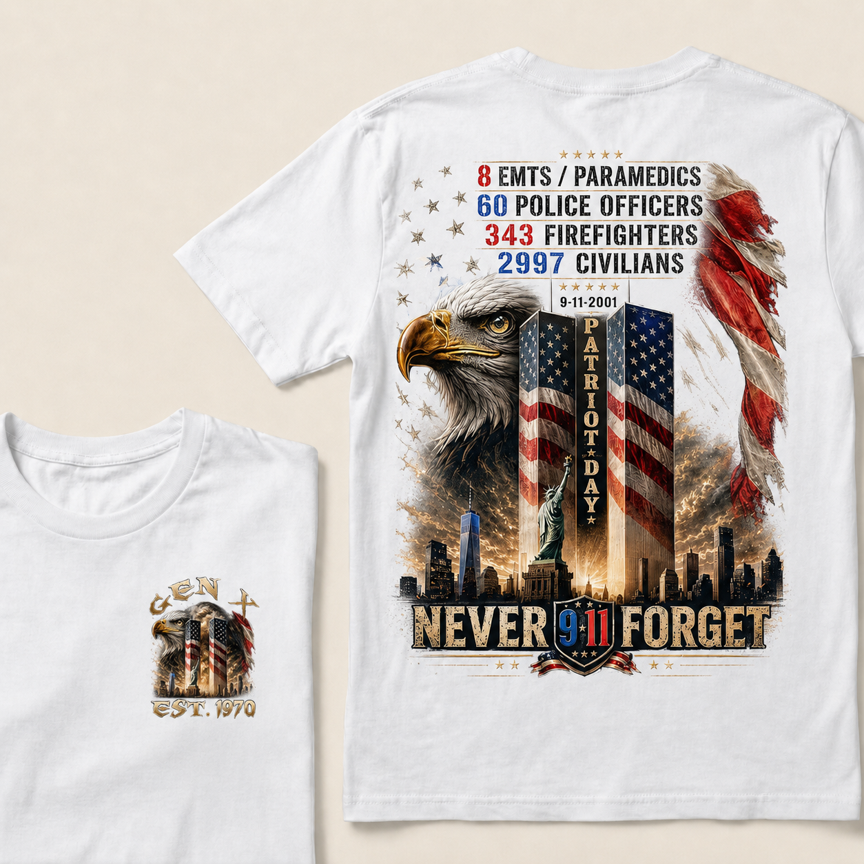8 Emts/Paramedics 60 Police Officers 9-11-2001 Patriot Day Never Forget Custom Year T-Shirts